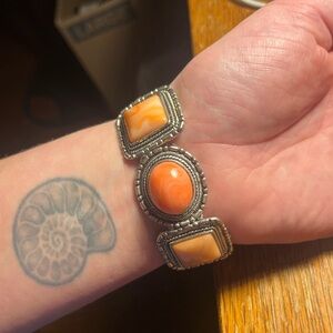 Vintage Silver & Coral Pink Enameled Stretch Bracelet